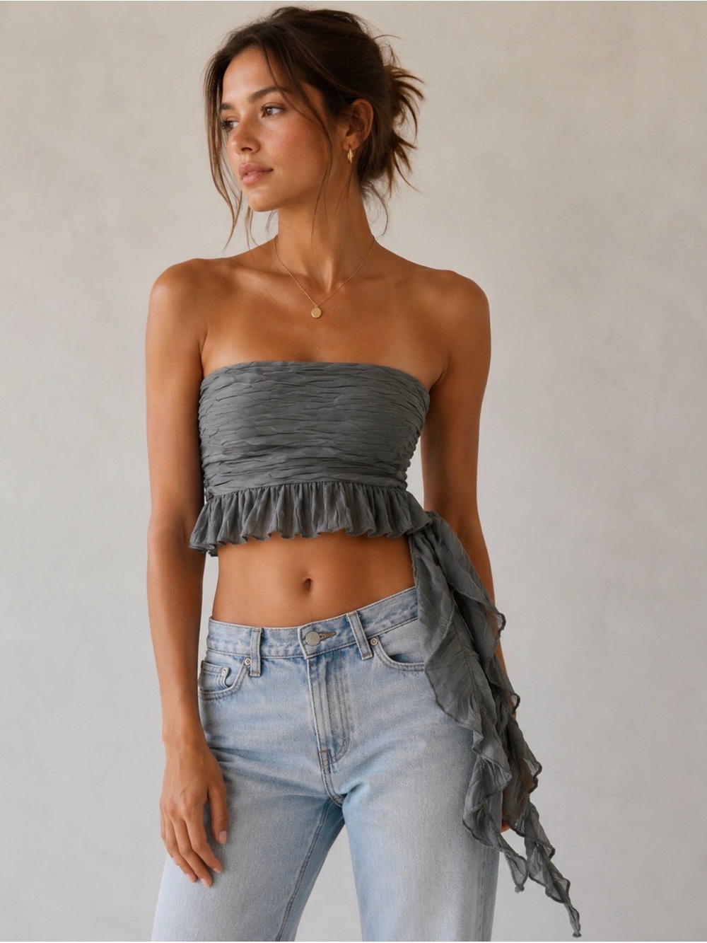 Zara Gray Smocked Strapless Ruffle Tie Crop Top